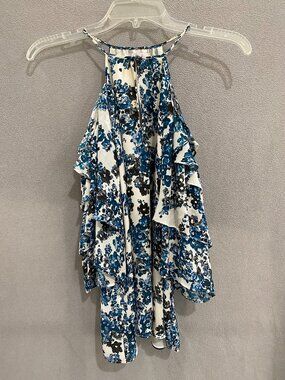 Parker Silk Floral Ruffle Top Blue White Sleeveless XS